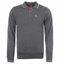 Luke 1977 Milk Tipped Knitted Long Sleeve Polo Shirt - Charcoal