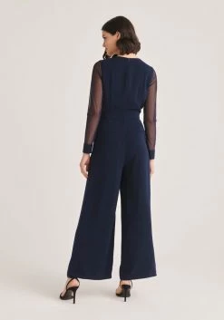 Paisie V-Neck Jumpsuit with Sheer Sleeves - Navy -Cheap Paisie Sales Store 3d5ca4a8783f48d297a8c1792cedb782