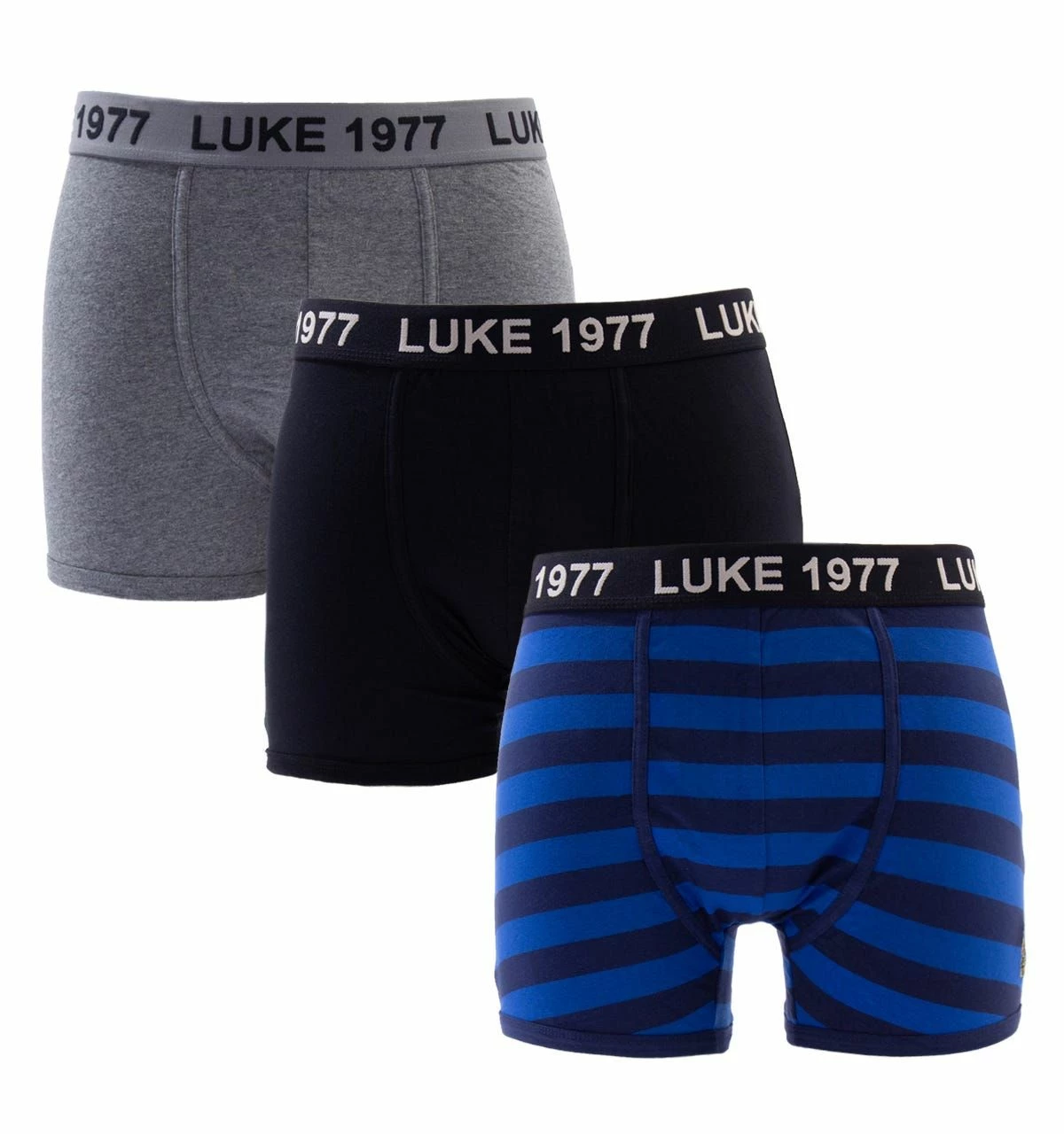 Luke 1977 Three Pack Boxer Trunks - Black, Grey & Stripe - Navy 3 Luke 1977 Three Pack Boxer Trunks - Black, Grey & Stripe - Navy
