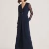 Paisie V-Neck Jumpsuit with Sheer Sleeves - Navy