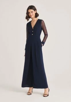 Paisie V-Neck Jumpsuit with Sheer Sleeves - Navy