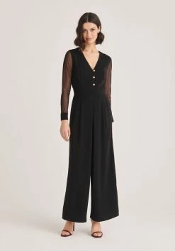 Paisie V-Neck Jumpsuit with Sheer Sleeves - Black