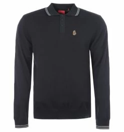Luke 1977 Milk Tipped Knitted Long Sleeve Polo Shirt - Black