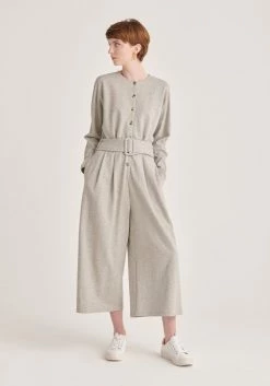 Paisie Belted Jersey Jumpsuit with Buttons - Grey