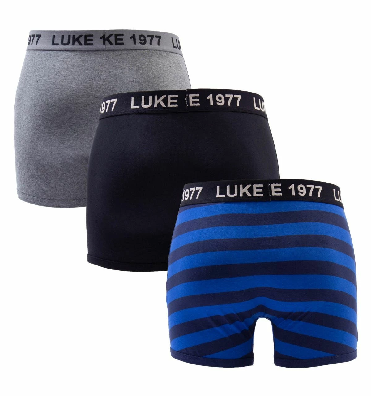 Luke 1977 Three Pack Boxer Trunks - Black, Grey & Stripe - Navy 4 Luke 1977 Three Pack Boxer Trunks - Black, Grey & Stripe - Navy - Image 2